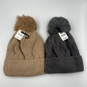 New Pretty Collection Tan and Gray‎ Knit Beanie Pom Pom Winter Hat
